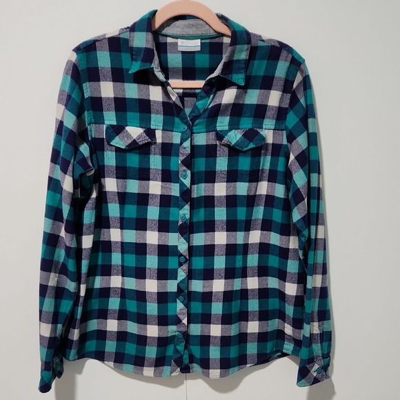 Columbia Tops - Columbia Teal and Navy Womens Plaid Cotton Long Sleeve Button-Up Shirt- Large